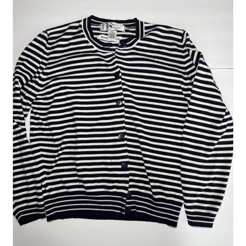 Norton Studio Womens Striped Cardigan Sweater Small Navy White Button Cotton